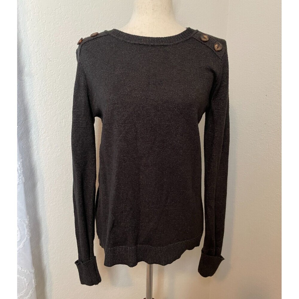 Womens Dark Gray Button Shoulder Knit Sweater Size M Neutral Minimal Casual Soft